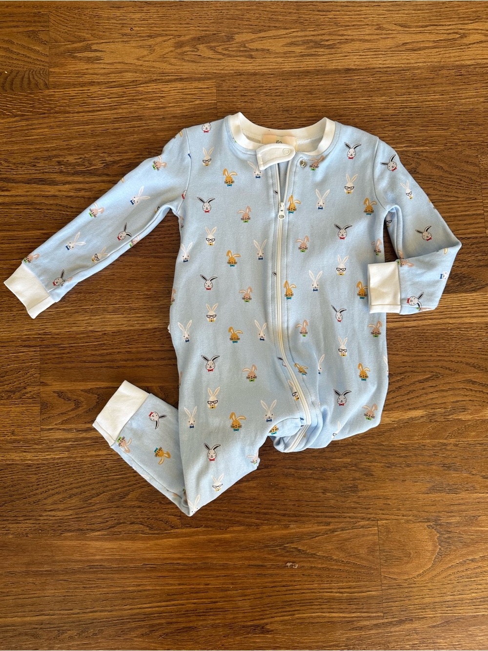 Smockingbird Baby Blue Bunny Print Zip Footless Pajamas 2T